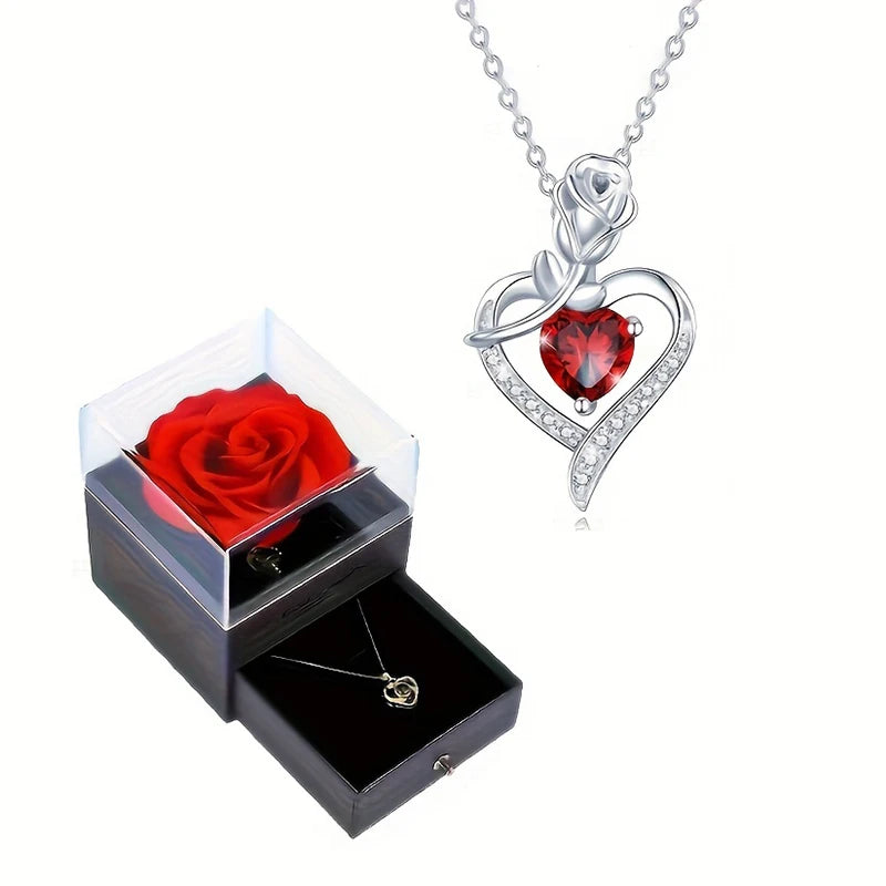 Luxury Red Zircon Heart Necklace With Rose Flower Gift Box 7~10days