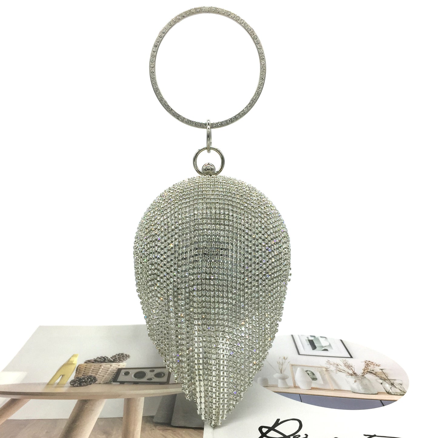 Round Dinner Bag With Diamond Stickers, Spherical Tassel Bag, Hot Diamond Handbag, Chain Bag