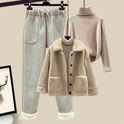 Lamb Wool Fur Sweater Casual Pants Three Piece Set Fashion Suit Women 7-12days