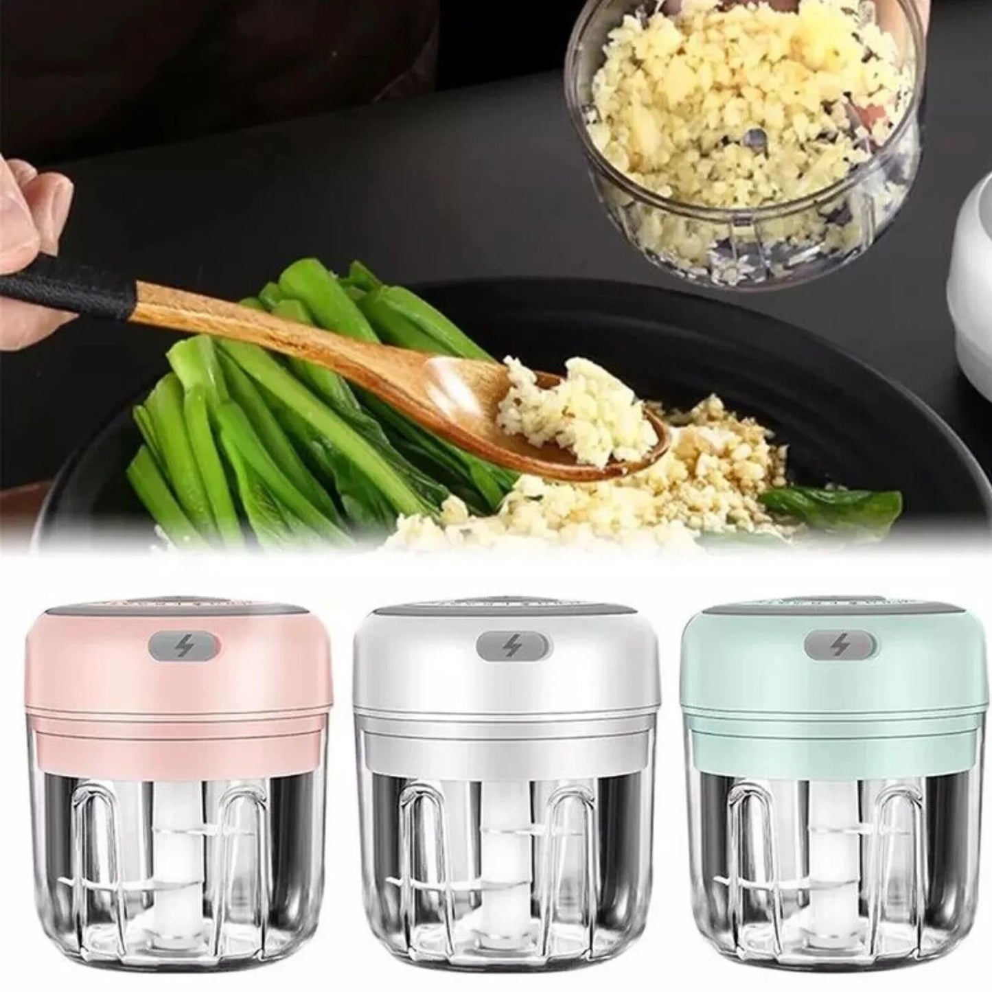 Electric 300ML Garlic Press Chopper Chili Onion Fruits Meat Mincer Blender Mixer