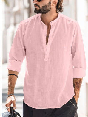 Men's Casual Stand-up Collar Door Barrel Solid Color Long-sleeved Shirt