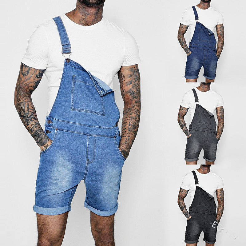 Fashion Men's Bib Trousers Rolled-up Jeans Jumpsuit