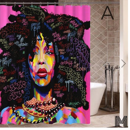 Art Design Graffiti Art Hip Hop African Girl with Black Hair Big Earring with Modern Building Shower Curtain for Bathroom Decor