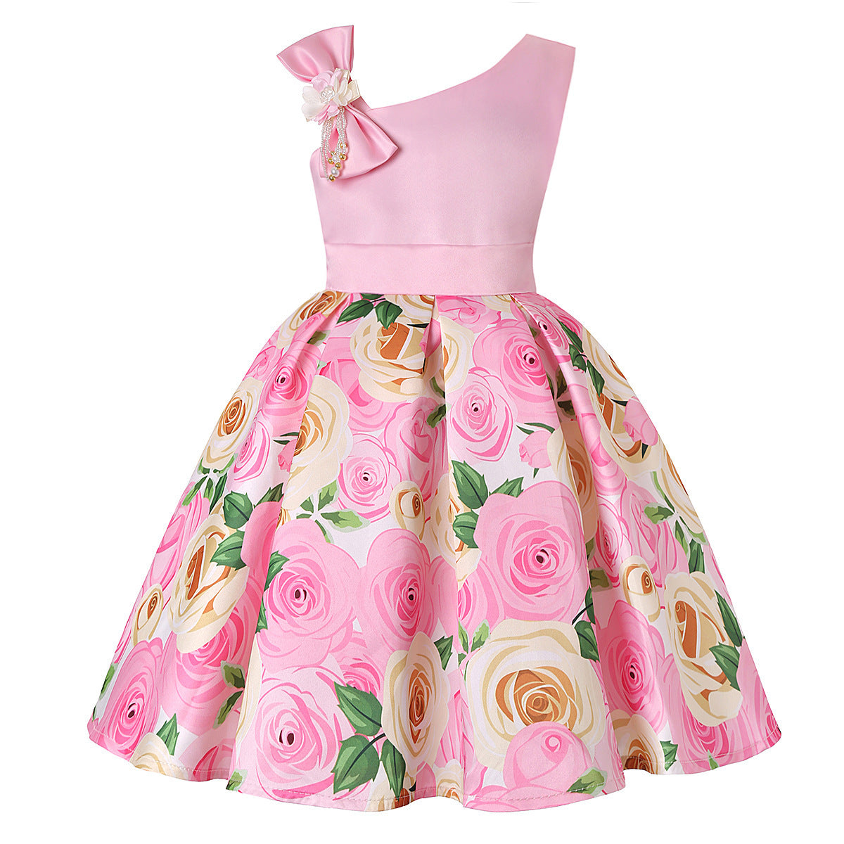 Rose print dress with slanted shoulders