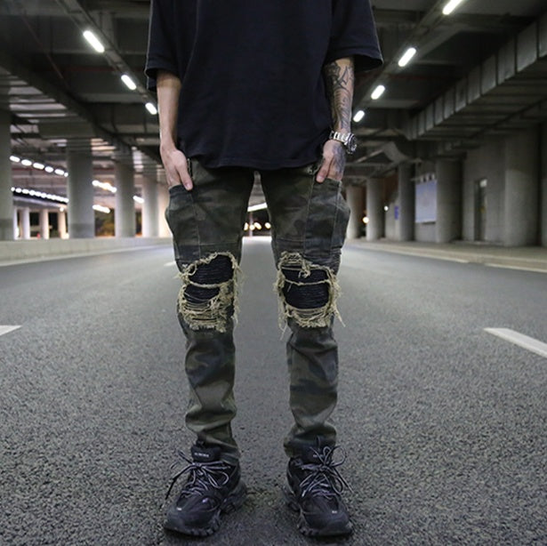 Grandpa high street coconut wind heavy wash old camouflage PU patch stitching military wind Slim work cloth pants tide