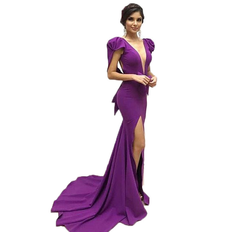 Sexy Deep V Slit Evening Dress Long Dress