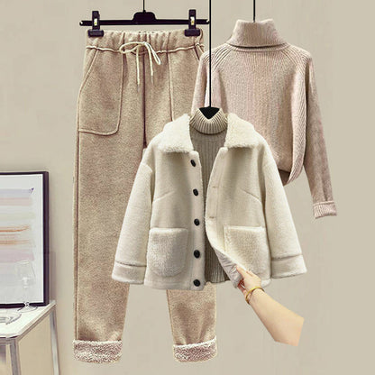 Lamb Wool Fur Sweater Casual Pants Three Piece Set Fashion Suit Women 7-12days