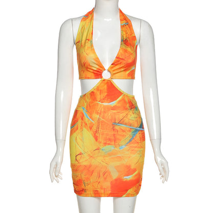 Digital Printing Backless Sheath Dress Women