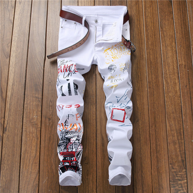 Jeans Slim Graffiti Print Plus Size Trousers Men