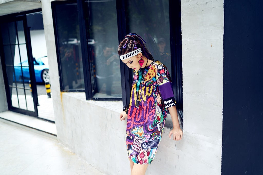 Fashion Brand Hip Hop Women"s Spring And Summer Women"s New Large T-shirt Dress Graffiti Taobao