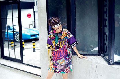 Fashion Brand Hip Hop Women"s Spring And Summer Women"s New Large T-shirt Dress Graffiti Taobao