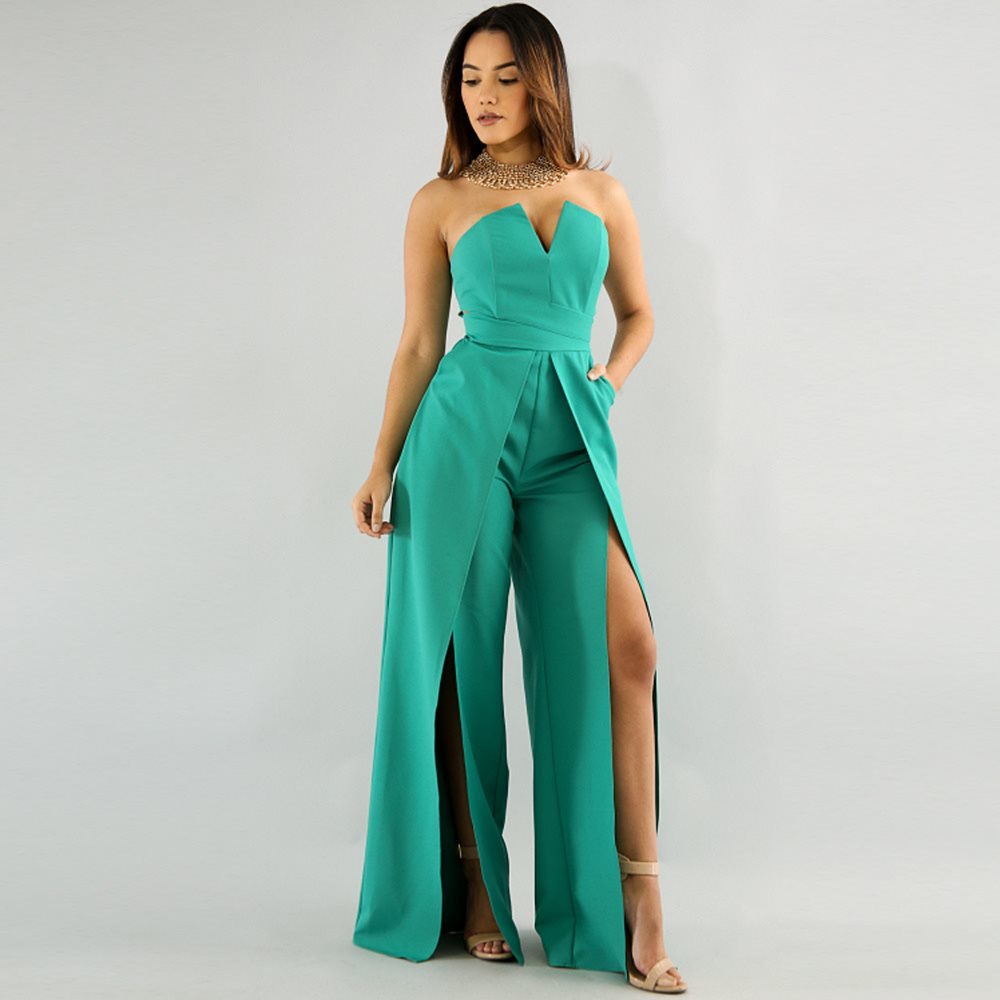 Hollow Long Jumpsuit Women Fashion Zipper Fitted Split Jumpsuit Elegant Breast Wide Leg Jumpsuit