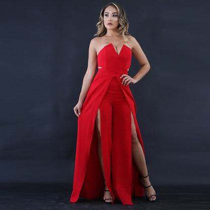 Hollow Long Jumpsuit Women Fashion Zipper Fitted Split Jumpsuit Elegant Breast Wide Leg Jumpsuit