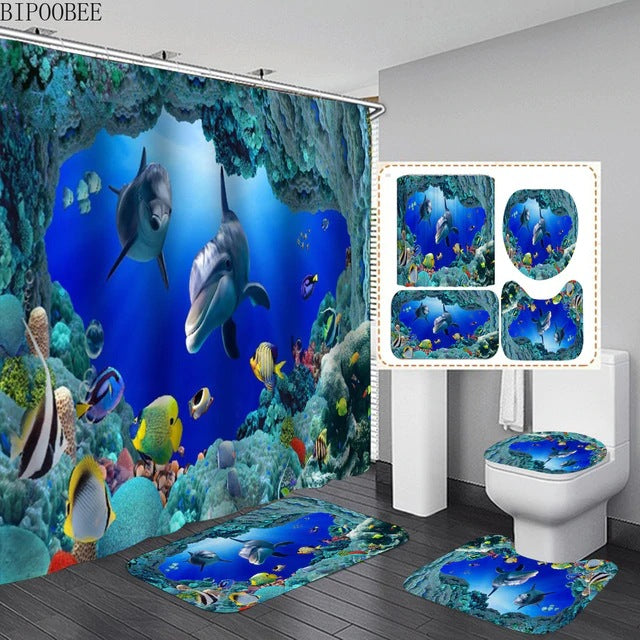 Three-Piece Bathroom Shower Curtain Waterproof And Mildew Proof Polyester Bathroom Curtain 3D Dolphin