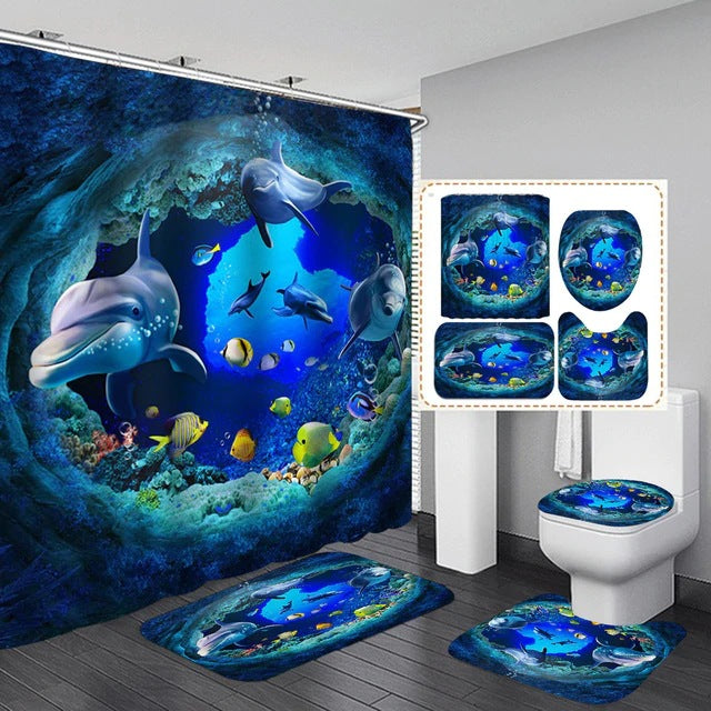 Three-Piece Bathroom Shower Curtain Waterproof And Mildew Proof Polyester Bathroom Curtain 3D Dolphin