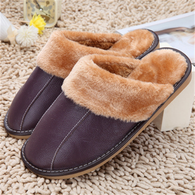 Slippers Winter New Cowhide Cotton Slippers Household Slippers Men And Women Lovers Plush Warm Floor Mop Wholesale