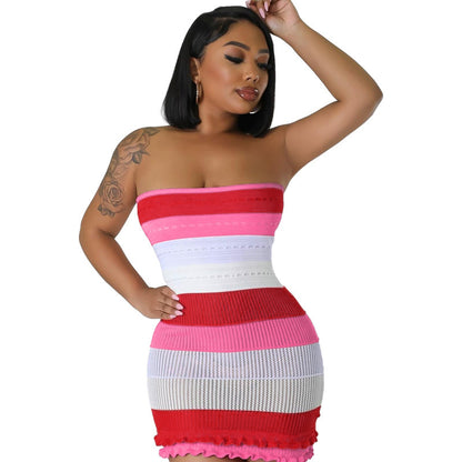 Women's Tube Top Backless Color Block Lace Knitted Dress