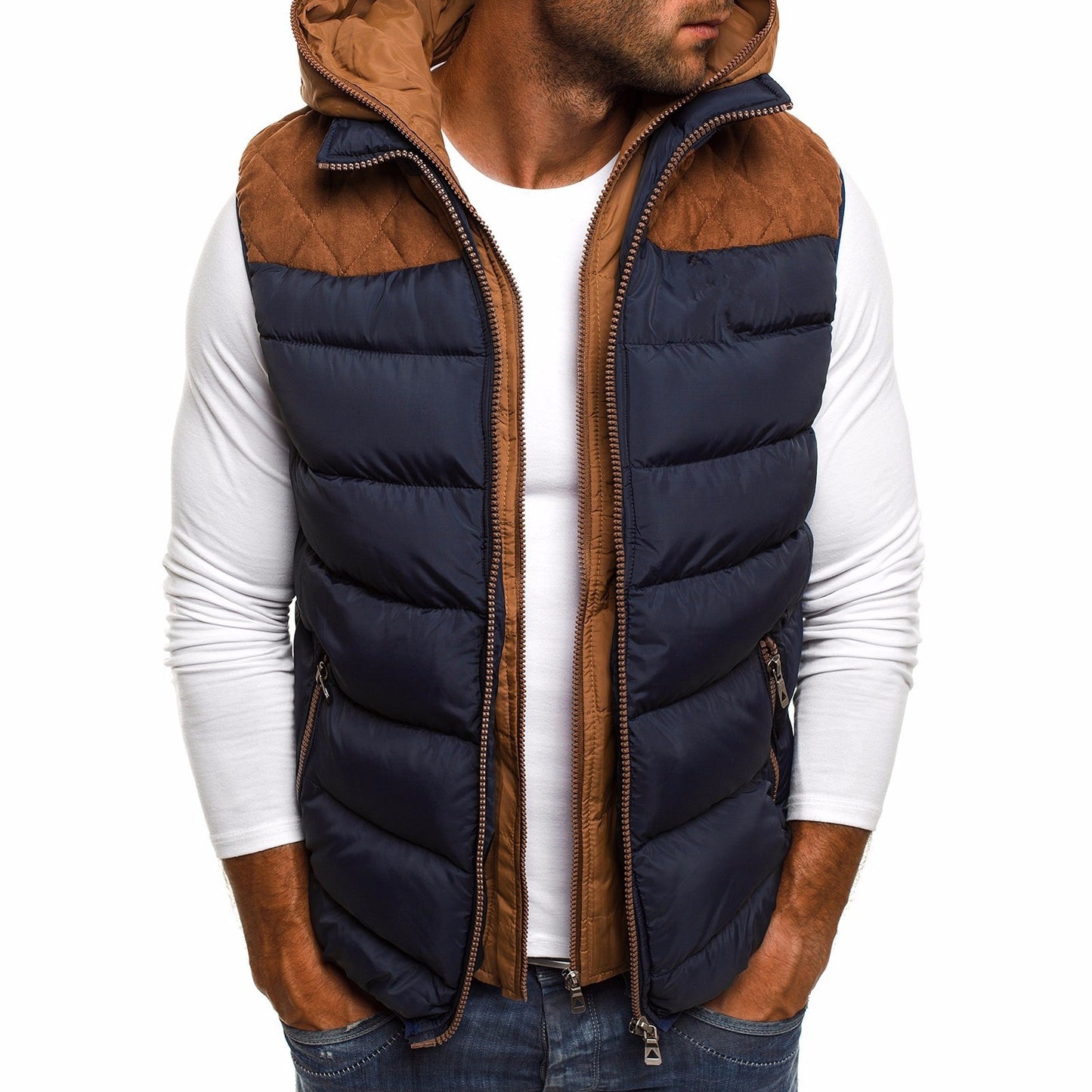 Men's fashion color matching hooded cotton vest