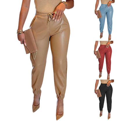 Women's Solid Color Drawstring Pocket PU Leather Trousers