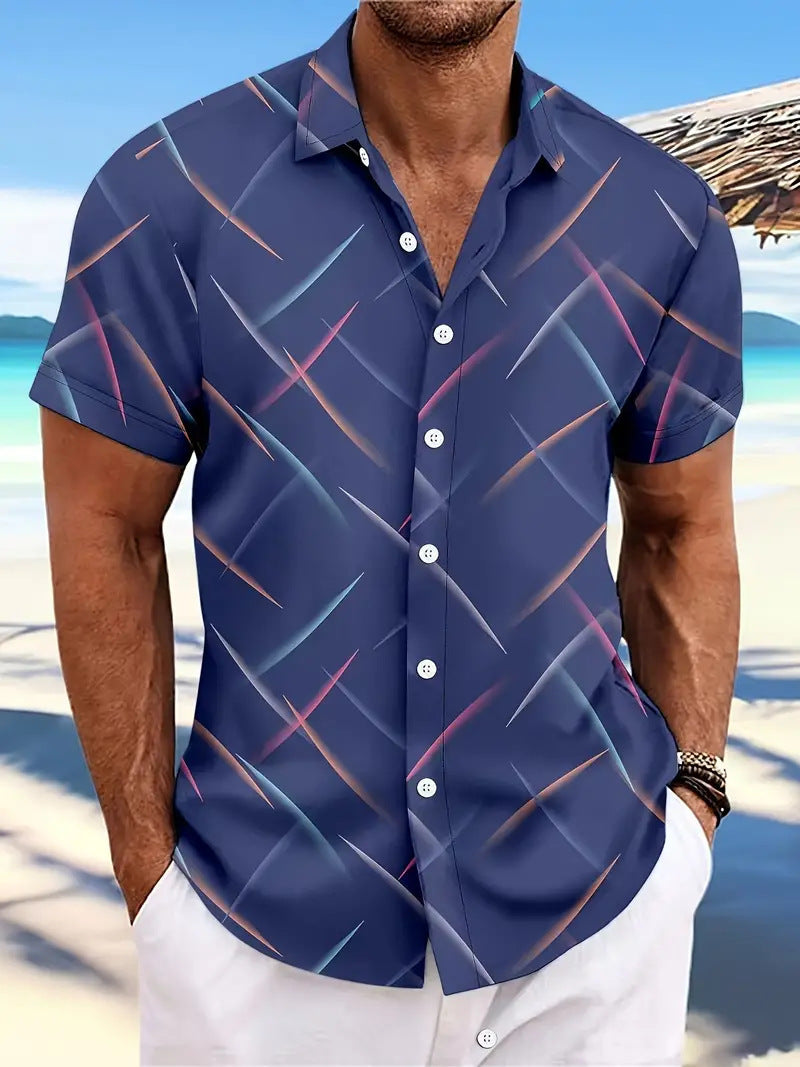 Summer New Men's Striped Feather Casual Beach Short Sleeve Button Shirt