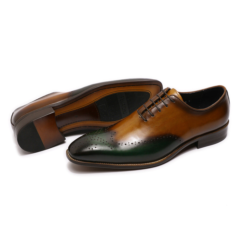 Carved Hand-cut Color Matching Wingtip Oxford Leather Shoes