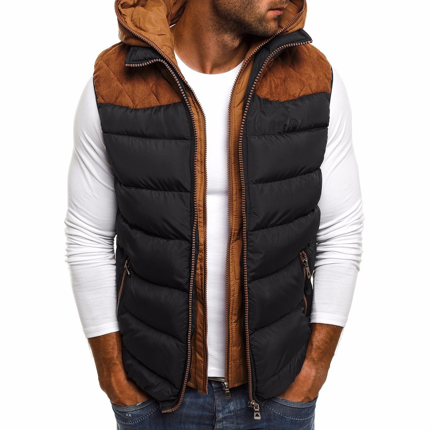 Men's fashion color matching hooded cotton vest