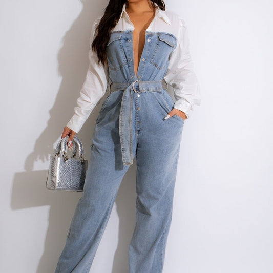 Casual Denim Stitching Plus Size Jumpsuit