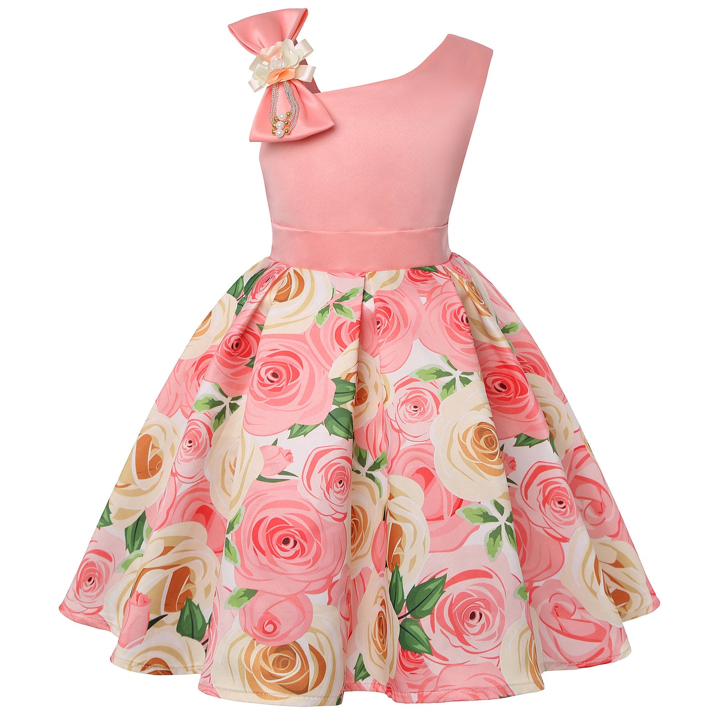 Rose print dress with slanted shoulders