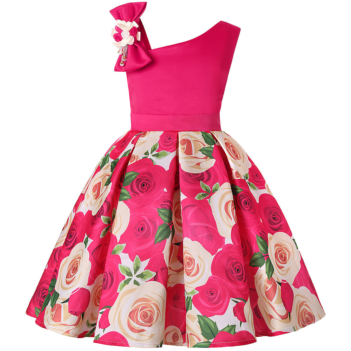 Rose print dress with slanted shoulders