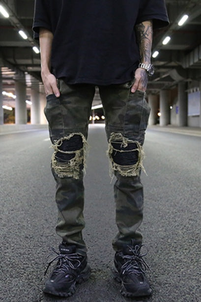 Grandpa high street coconut wind heavy wash old camouflage PU patch stitching military wind Slim work cloth pants tide