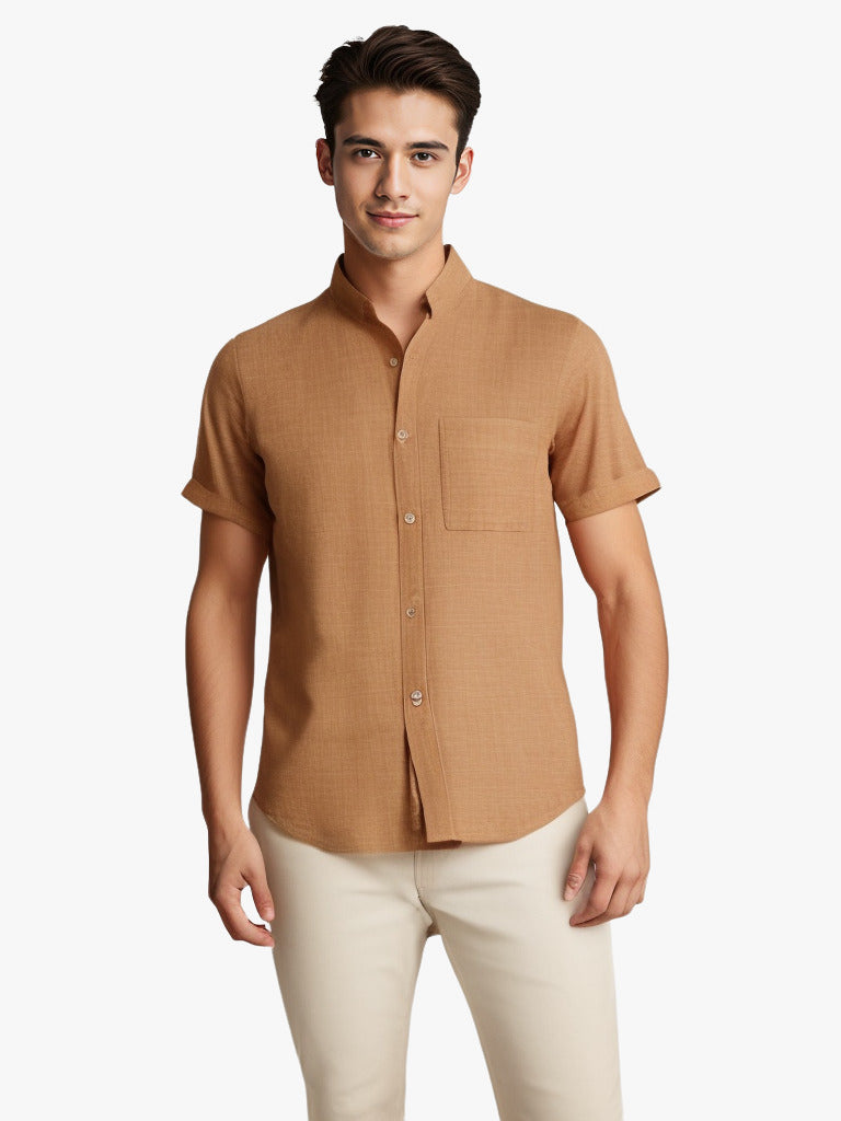 Solid-color Short-sleeved Lapel Shirt Summer Breathable Cotton And Linen Top Mens Clothing