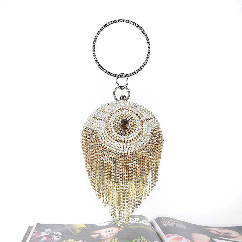 Round Dinner Bag With Diamond Stickers, Spherical Tassel Bag, Hot Diamond Handbag, Chain Bag