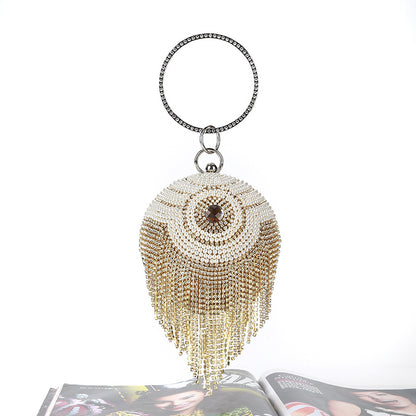 Round Dinner Bag With Diamond Stickers, Spherical Tassel Bag, Hot Diamond Handbag, Chain Bag