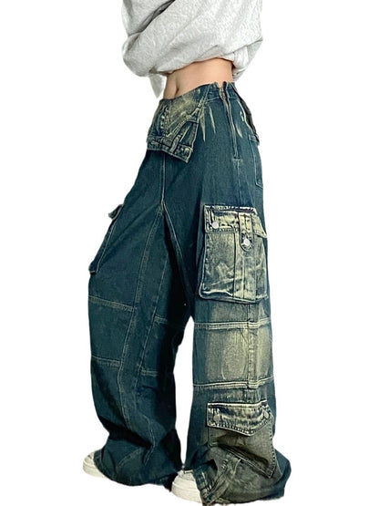 Plus Size Retro Washed Cargo Jeans Women