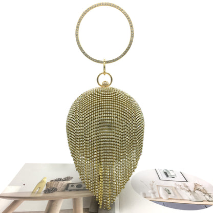 Round Dinner Bag With Diamond Stickers, Spherical Tassel Bag, Hot Diamond Handbag, Chain Bag