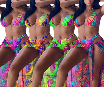 Split Swimsuit Summer Bikini Three-piece Print Beach Suit Swimming Sportswear