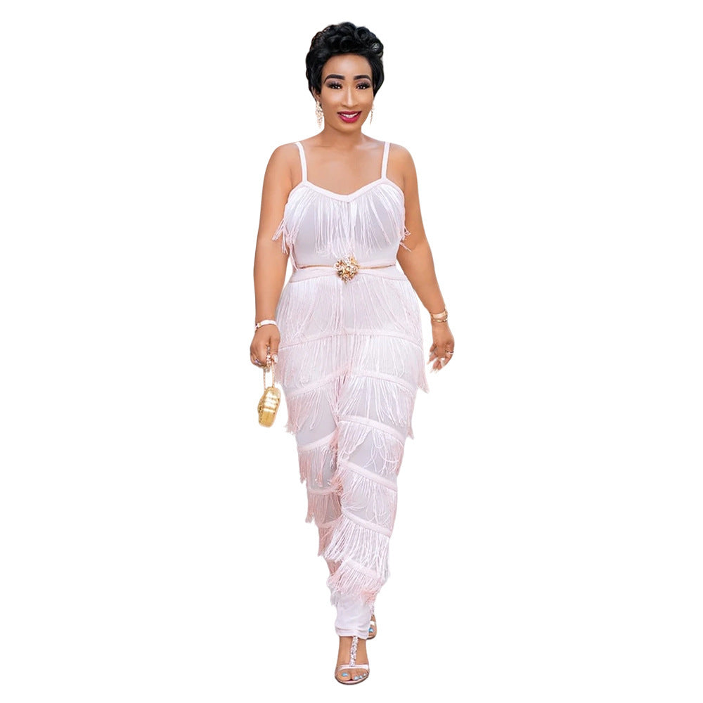 Plus Size Suspenders Women's Fringed Jumpsuit