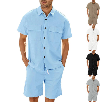 Summer Suits Men Short Sleeve Lapel Pockets Shirt And Drawstring Shorts Sports Fashion Leisure Men's Clothing