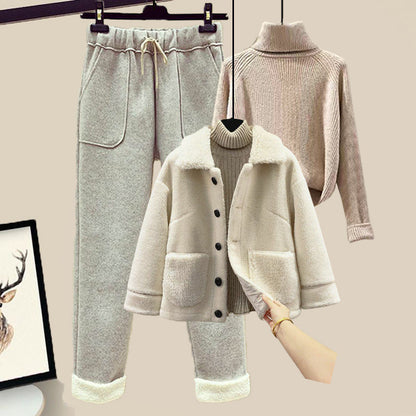 Lamb Wool Fur Sweater Casual Pants Three Piece Set Fashion Suit Women 7-12days