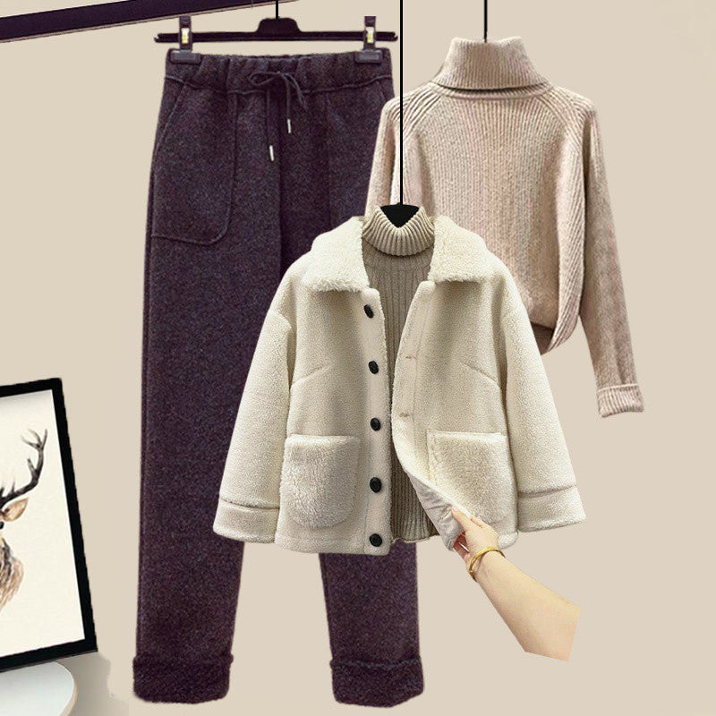 Lamb Wool Fur Sweater Casual Pants Three Piece Set Fashion Suit Women 7-12days