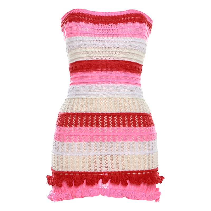 Women's Tube Top Backless Color Block Lace Knitted Dress