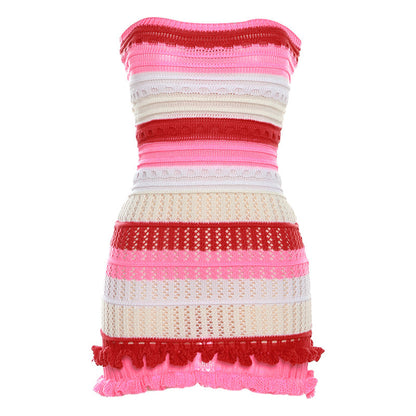 Women's Tube Top Backless Color Block Lace Knitted Dress