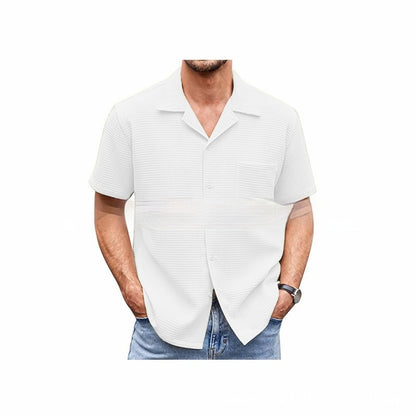 Suit Collar Solid Color Short Sleeve Waffle Shirt