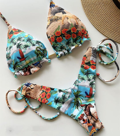 Bikini Cotton Swimsuit Printed Tassel Swimsuit Multi-color