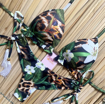 Bikini Cotton Swimsuit Printed Tassel Swimsuit Multi-color