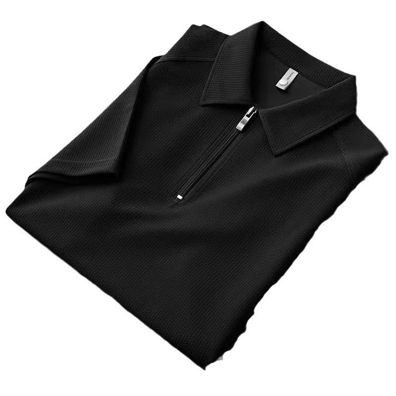 Light Luxury Summer Thin Bubble Fabric Half Zipper Polo Shirt Men's Short Sleeve Lapel T-shirt