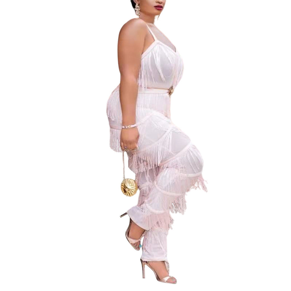 Plus Size Suspenders Women's Fringed Jumpsuit