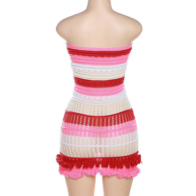 Women's Tube Top Backless Color Block Lace Knitted Dress