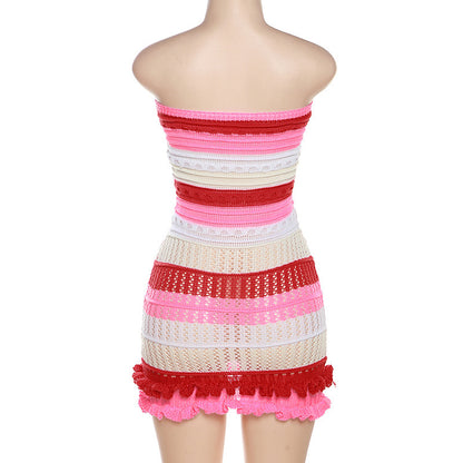 Women's Tube Top Backless Color Block Lace Knitted Dress