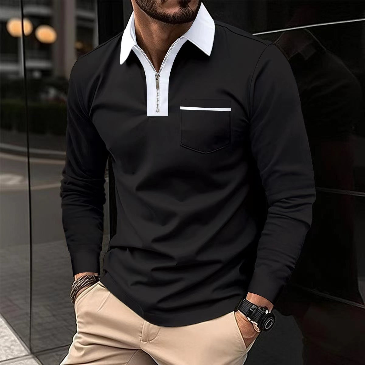 Long Sleeve Lapel Fashion Slim Pocket Long Sleeve T-shirt